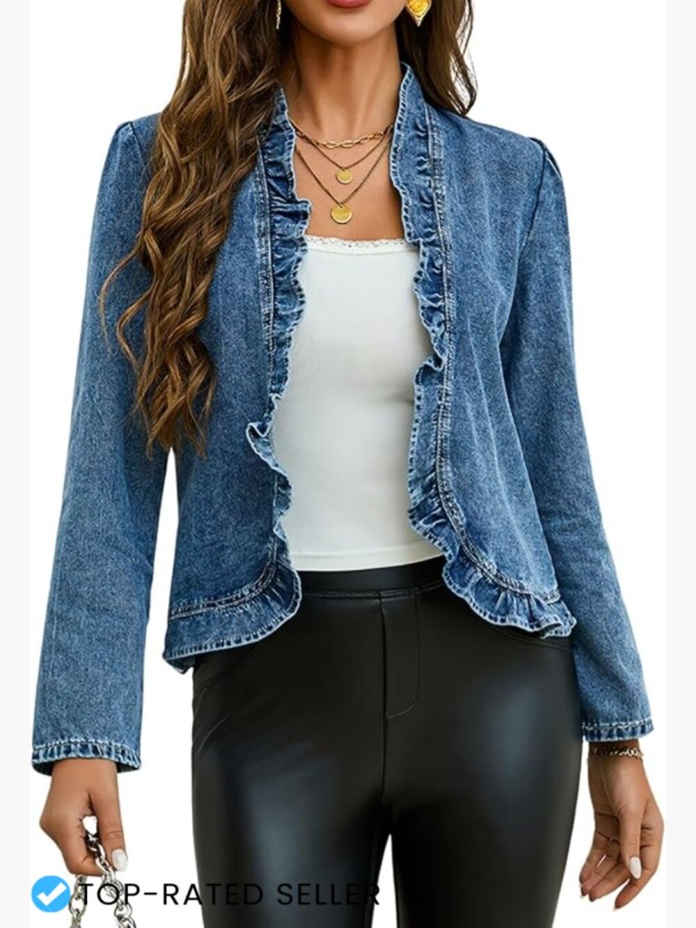 Ruffled Denim Jacket Women Cropped Long Sleeve Open Front Trendy 2025 Jean Coat - Picture 1 of 5